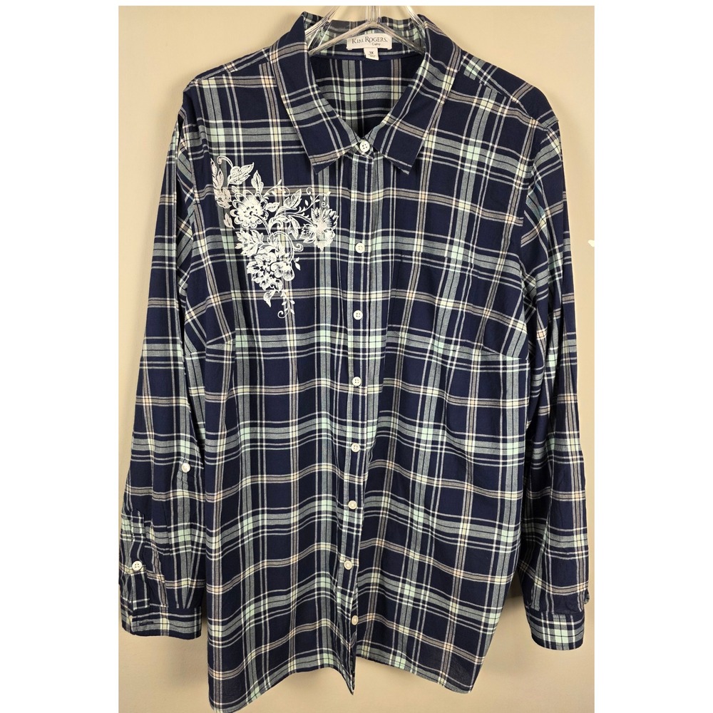 Kim Rogers Curvy 3X Plaid Button Down Shirt Long Sleeve Cotton Oversized Comfort
